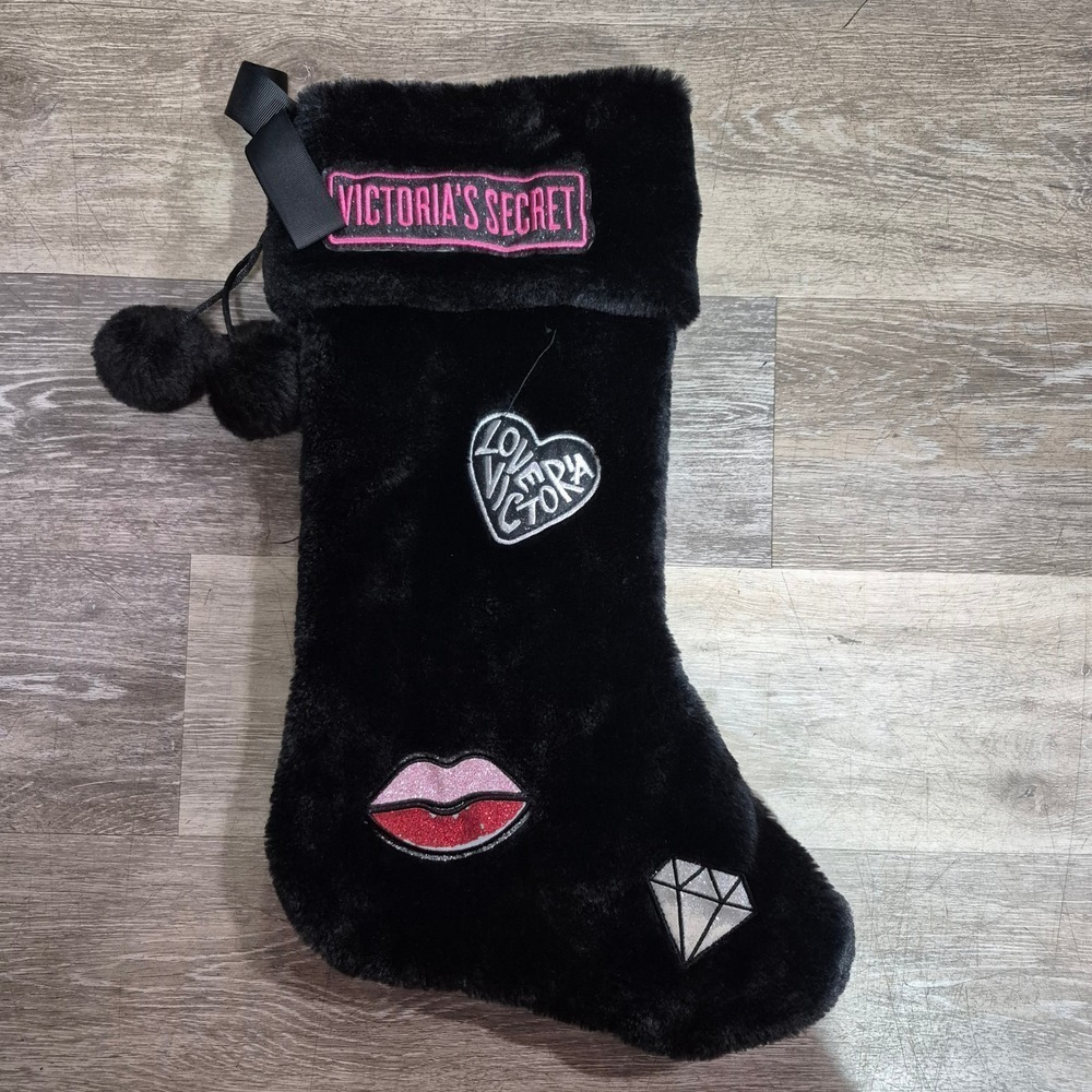 Victoria's Secret Black Faux Fur Stocking Pom Poms Lips Diamond Patches